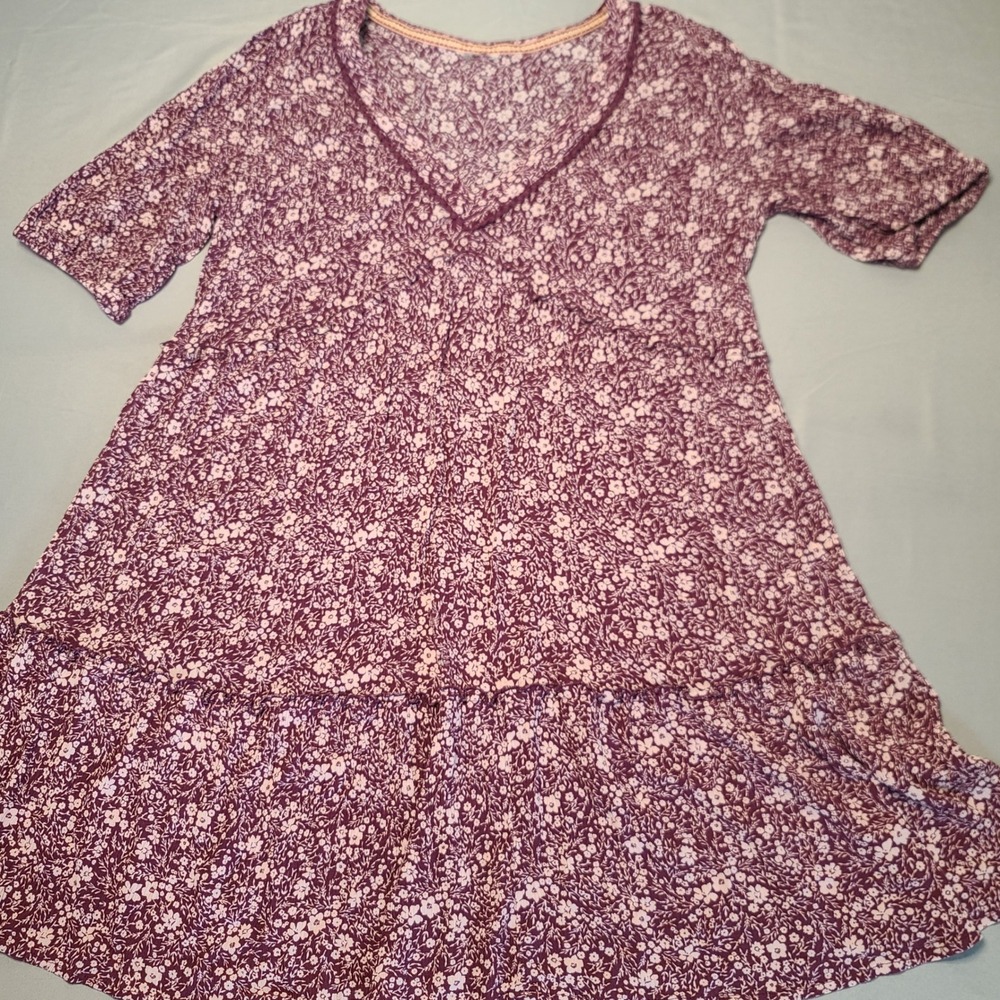 Target Floral Tiered Mini Dress Womens L Purple V-Neck Short Sleeve Crochet Trim